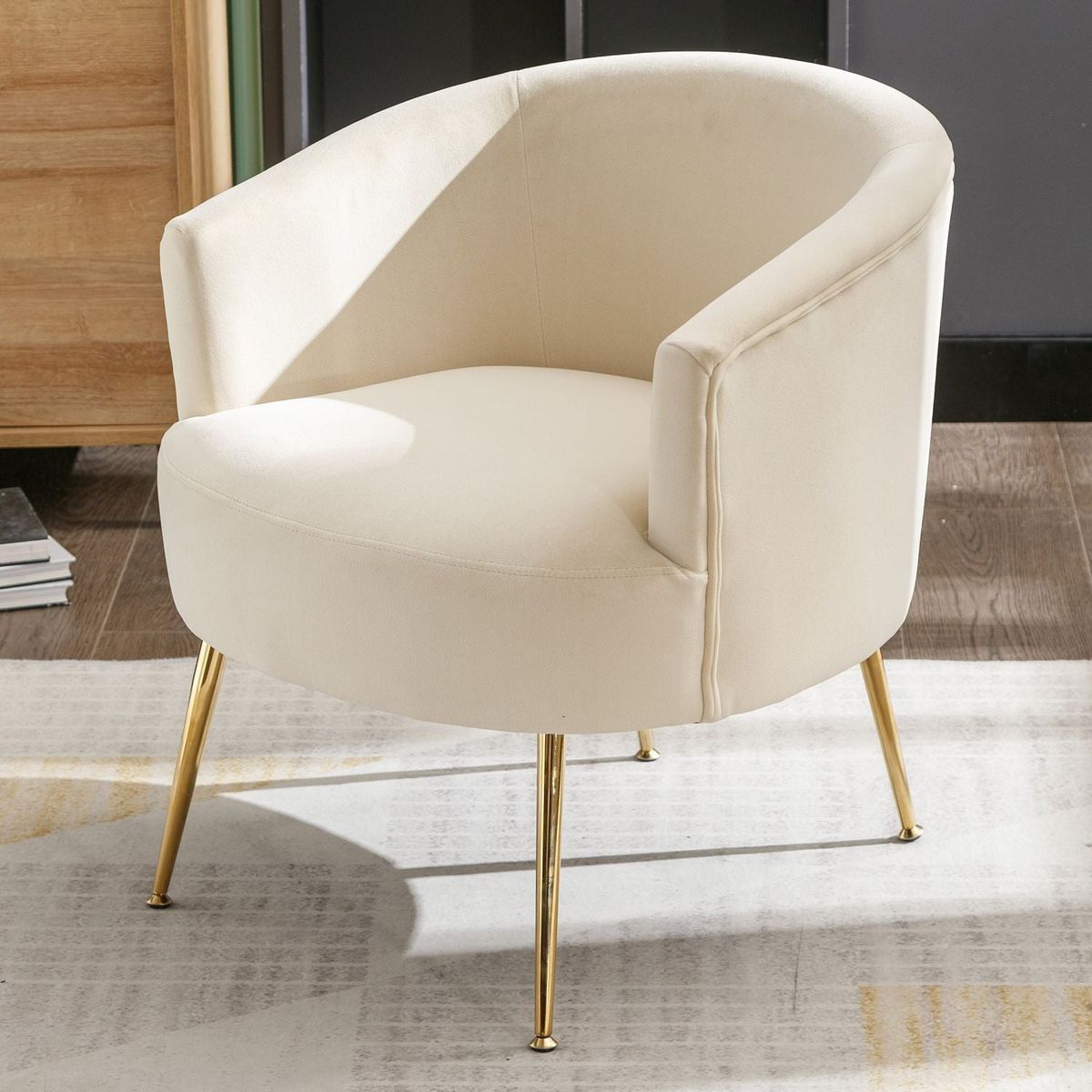 Velvet Armchair Accent Tub Barrel Chair With Gold Metal Legs, Beige