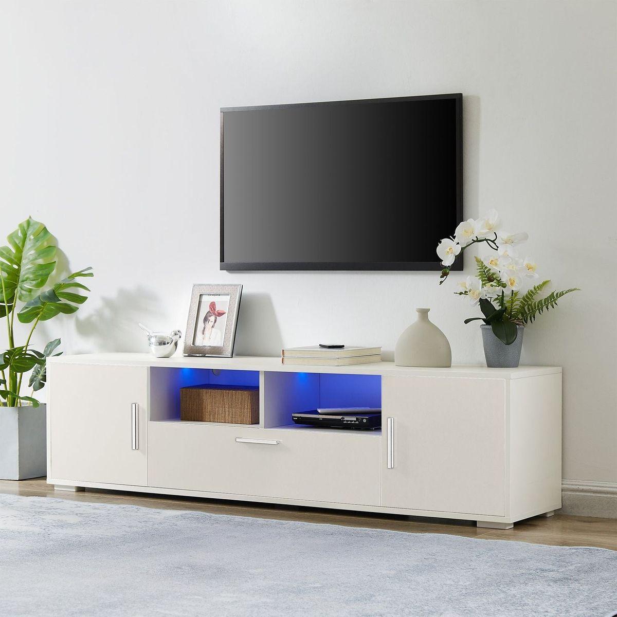 QUICK ASSEMBLE WHITE modern TV Stand, only 20 minutes to finish assemble, with LED Lights, high glossy front TV Cabinet, can be assembled in Lounge Room, Living Room or Bedroom, color:WHITE