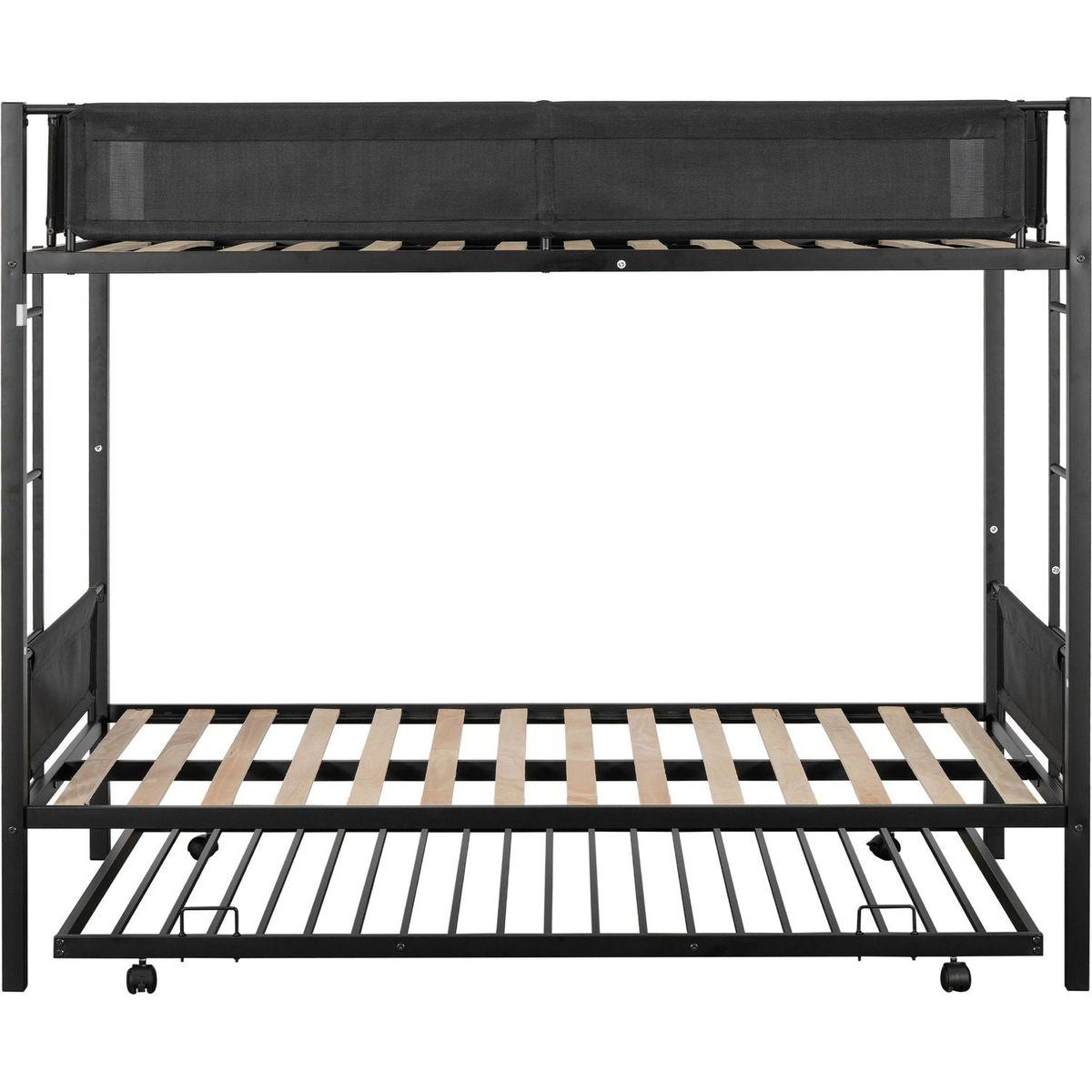 Twin over twin bunk bed with trundle (Wood Slat and Textilene Guardrail)