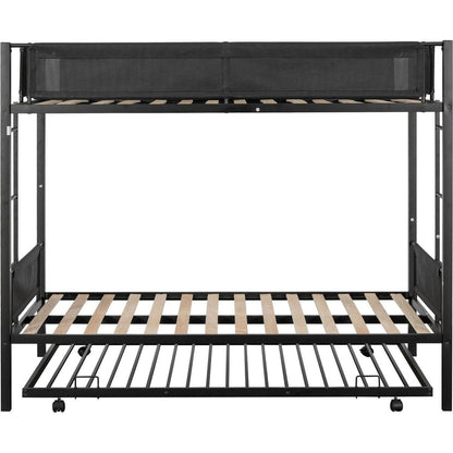 Twin over twin bunk bed with trundle (Wood Slat and Textilene Guardrail)