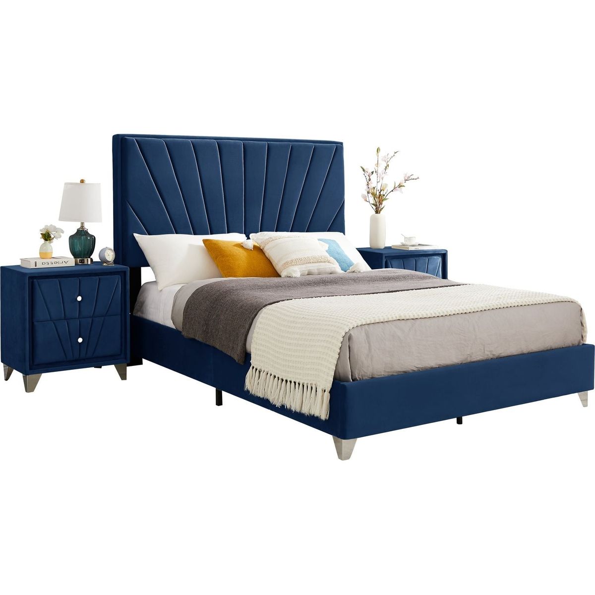 Full bed with two nightstands, Beautiful line stripe cushion headboard, strong wooden slats + metal legs with Electroplate