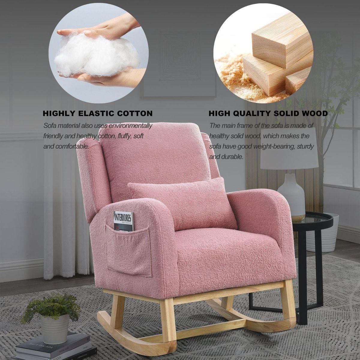 27.5" W Modern Accent High Back Living Room Casual Armchair Rocker with One Lumbar Pillow, Two Side Pockets, Teddy.