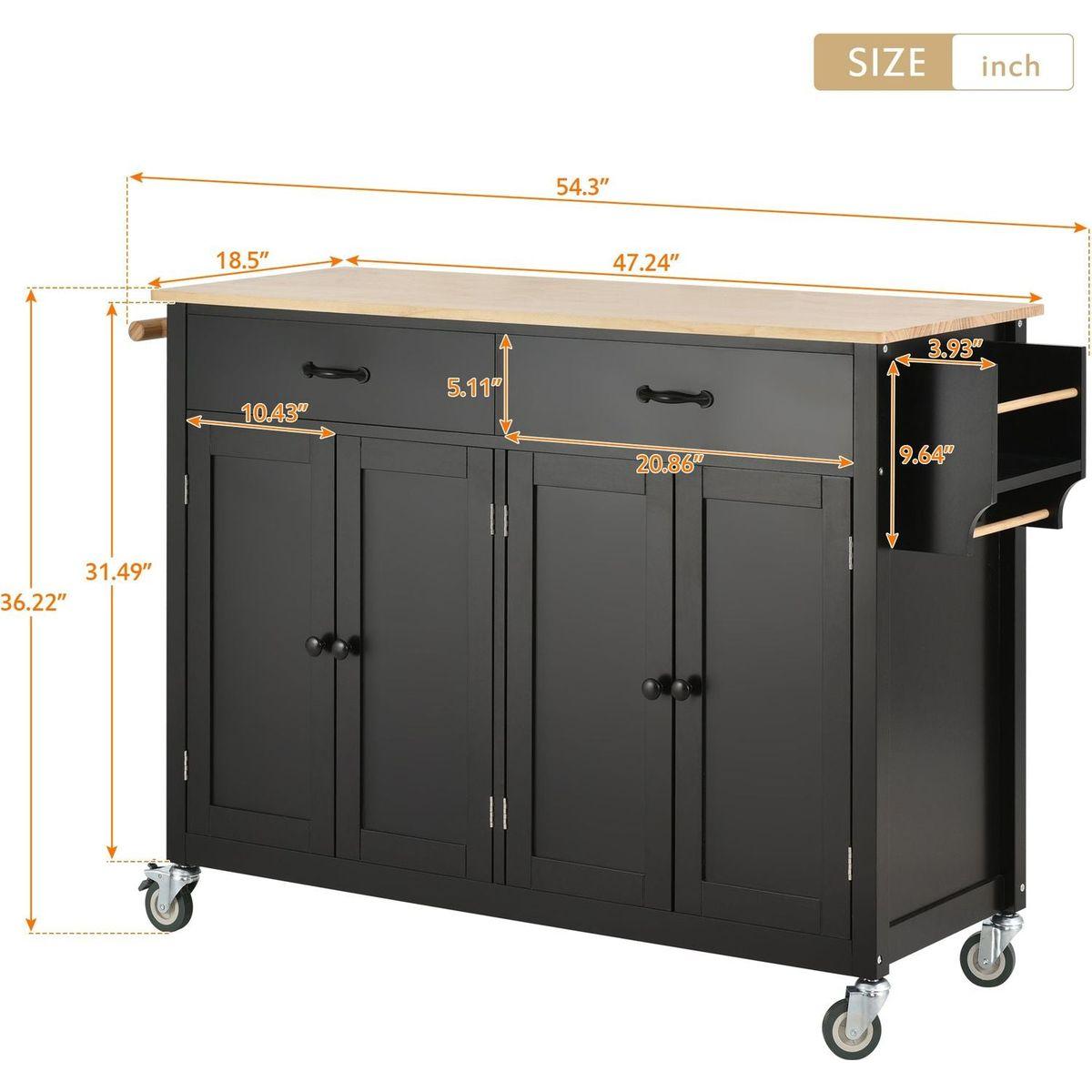Kitchen Island Cart with Solid Wood Top and Locking Wheels4.3 Inch Width Door Cabinet and Two Drawerspice Rack, Towel Rack black) - Streamdale Furniture