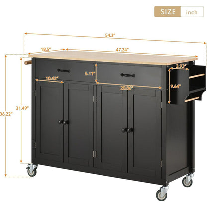 Kitchen Island Cart with Solid Wood Top and Locking Wheels4.3 Inch Width Door Cabinet and Two Drawerspice Rack, Towel Rack black) - Streamdale Furniture