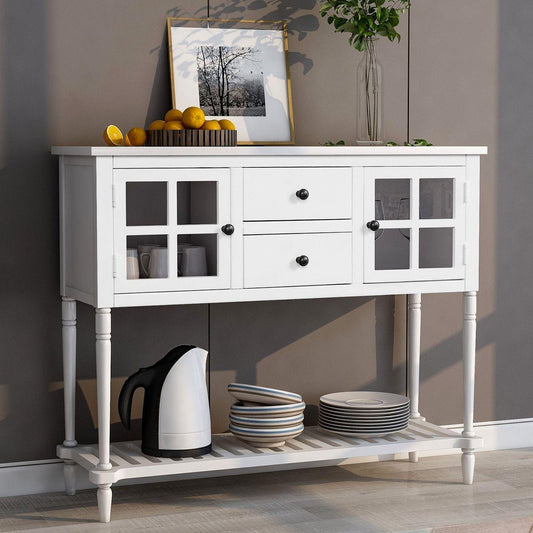 Sideboard Console Table with Bottom Shelf, Farmhouse Wood/Glass Buffet Storage Cabinet Living Room (White)