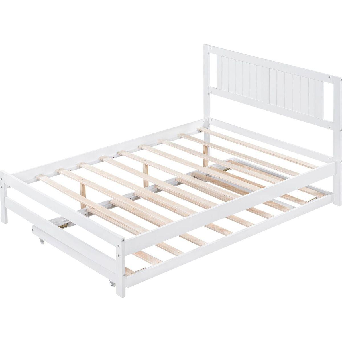 Full Size Platform Bed with Adjustable Trundle, White
