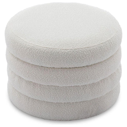 Boucle Fabric Storage Round Ottoman Footstool With Wooden Shelving,Ivory