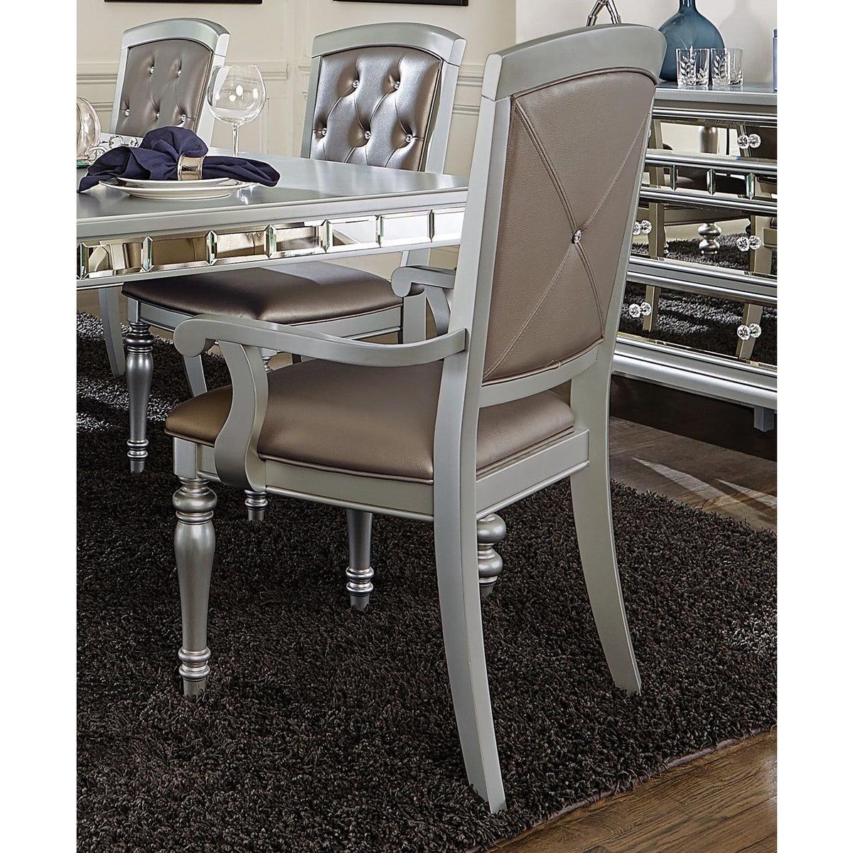 Glamorous Crystal Button-Tufted Set of 2 Arm Chairs Silver Finish Upholstered Seat Back Modern Dining Furniture