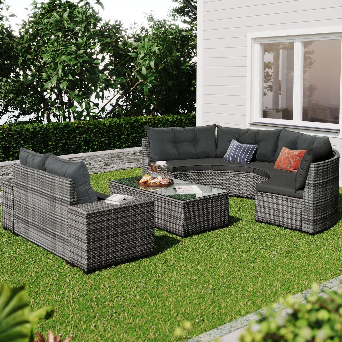 GO 8-pieces Outdoor Wicker Round Sofa Set, Half-Moon Sectional Sets All Weather, Curved Sofa Set With Rectangular Coffee Table, PE Rattan Water-resistant and UV Protected, Movable Cushion, Gray