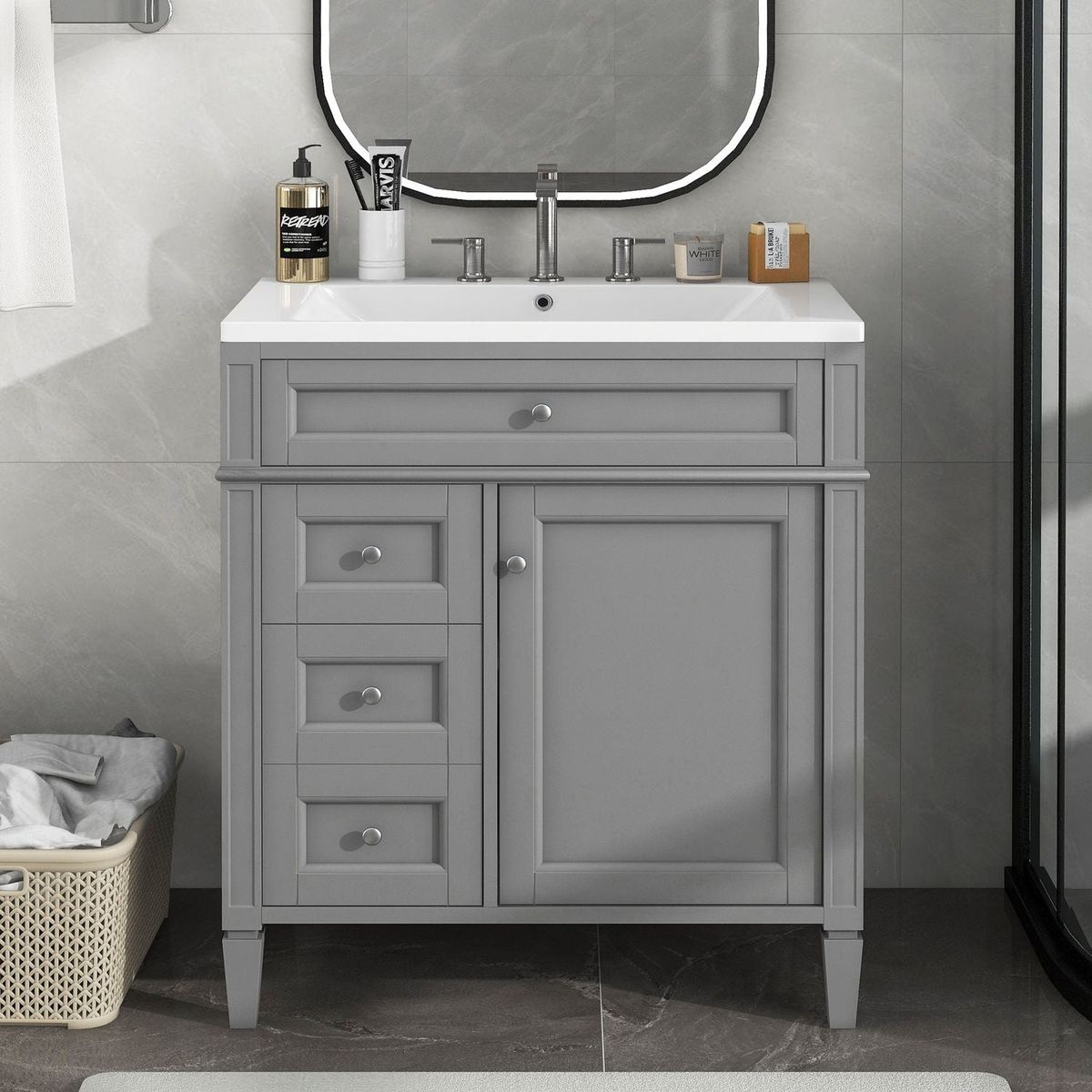 30" Bathroom Vanity with Top Sink, Modern Bathroom Storage Cabinet with 2 Drawers and a Tip-out Drawer, Single Sink Bathroom Vanity