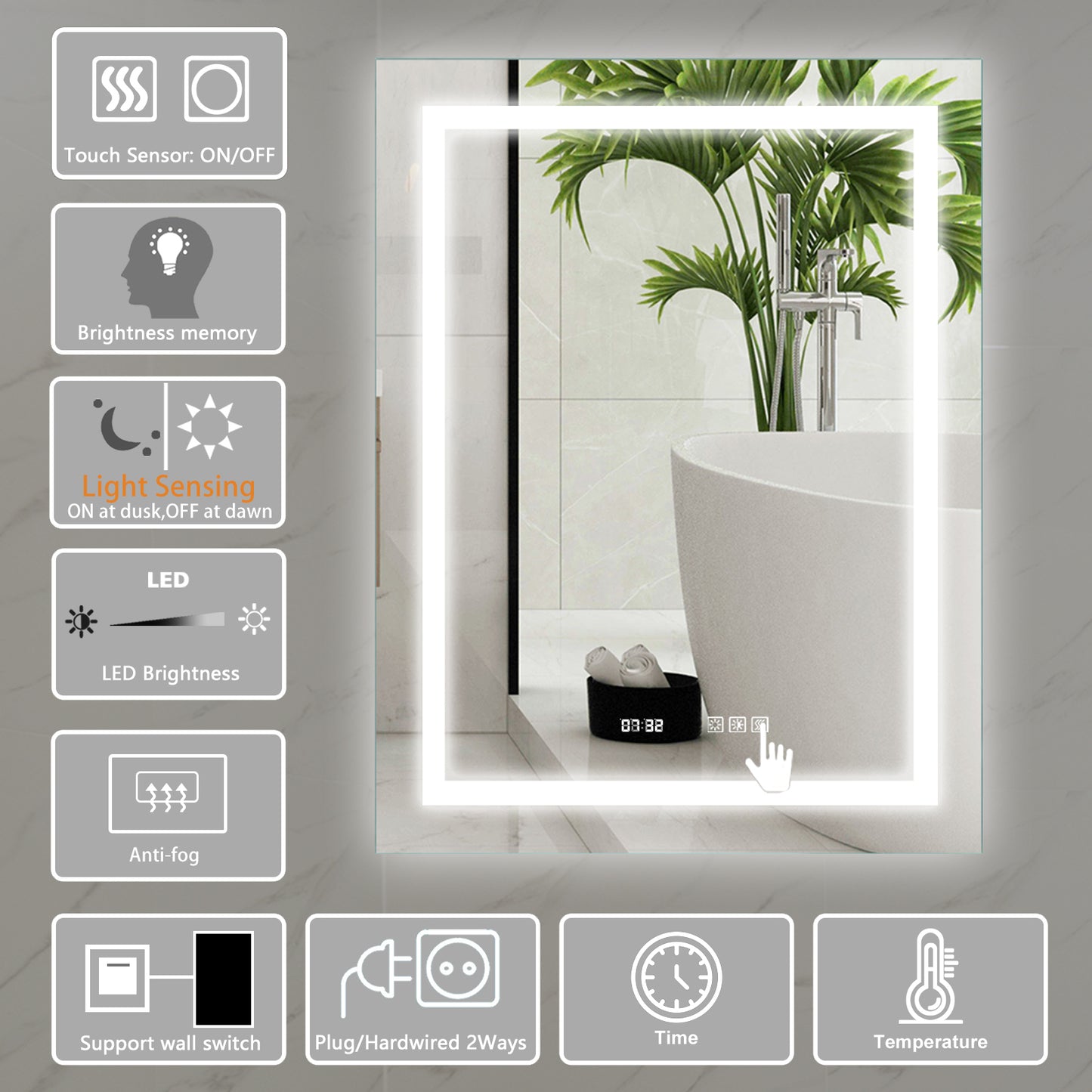 LED Bathroom Vanity Mirror, 36 x 28 inch, Anti Fog, Night Light, Time, Temperature, Dimmable, Color Temper 3000K-6400K, 90+ CRI, Vertical Wall Mounted Only