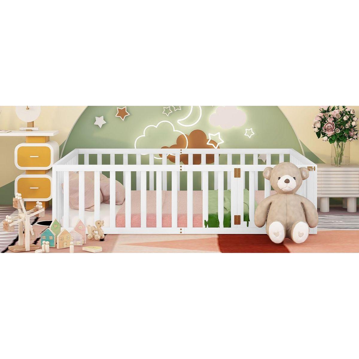 Queen Size Wood Floor Bed Frame with Fence and Door, White