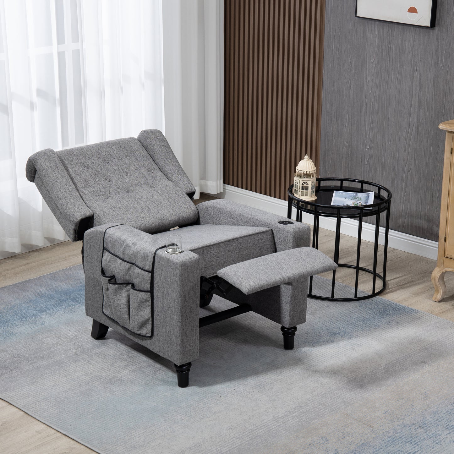 Arm Pushing Recliner Chair, Modern Button Tufted Wingback Push Back Recliner Chair, Living Room Chair Fabric Pushback Manual Single Reclining Sofa Home Theater Seating for Bedroom, DarkGray