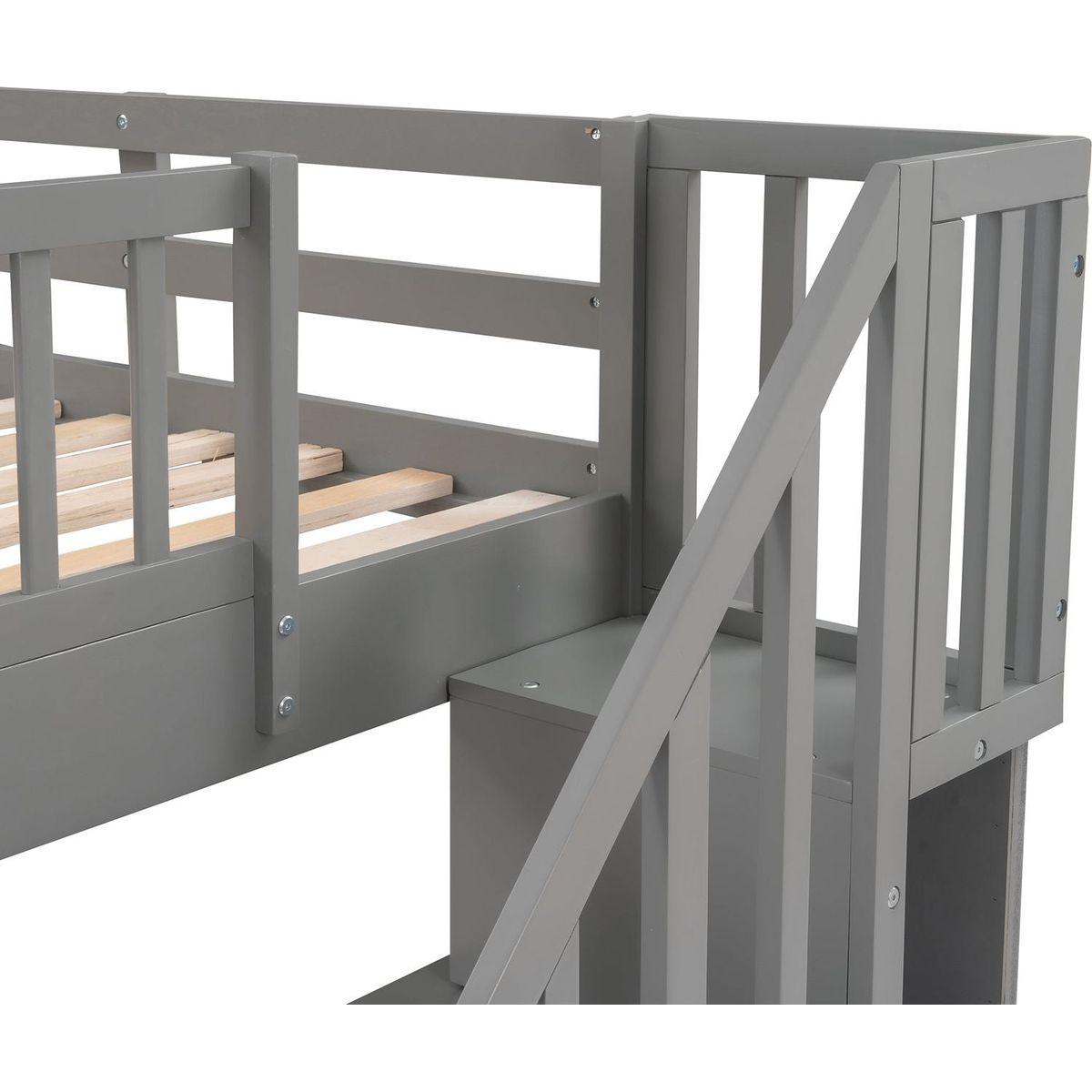 Stairway Twin-Over-Twin Bunk Bed with Three Drawers for Bedroom, Dorm - Gray - Streamdale Furniture
