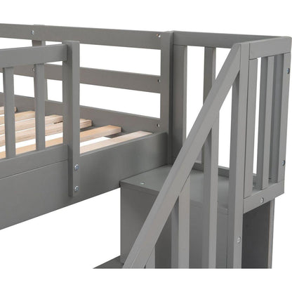 Stairway Twin-Over-Twin Bunk Bed with Three Drawers for Bedroom, Dorm - Gray - Streamdale Furniture