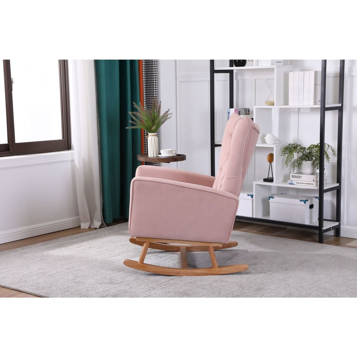 Baby Room High Back Rocking Chair Nursery Chair, Comfortable Rocker Fabric Padded Seat, Modern High Back Armchair