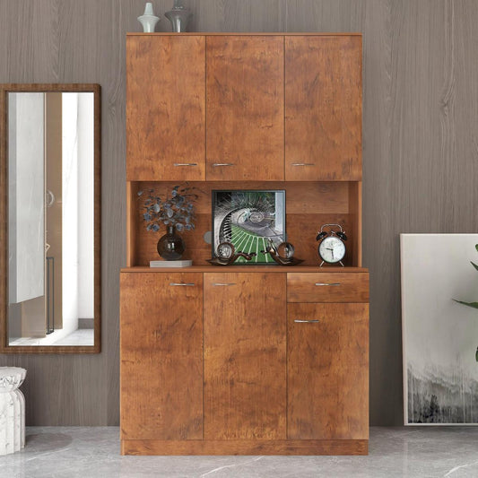 70.87" Tall Wardrobe& Kitchen Cabinet, with 6-Doors, 1-Open Shelves and 1-Drawer for bedroom, Walnut - Streamdale Furniture