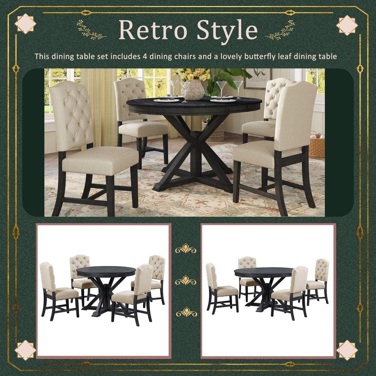 Functional Furniture Retro Style Dining Table Set with Extendable Table and 4 Upholstered Chairs for Dining Room and Living Room (Espresso)