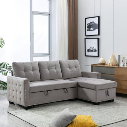 77 Inch Reversible Sectional Storage Sleeper Sofa Bed, L-Shape 2 Seat Sectional Chaise With Storage, Skin-Feeling Velvet Fabric, Light Grey Color For Living Room Furniture
