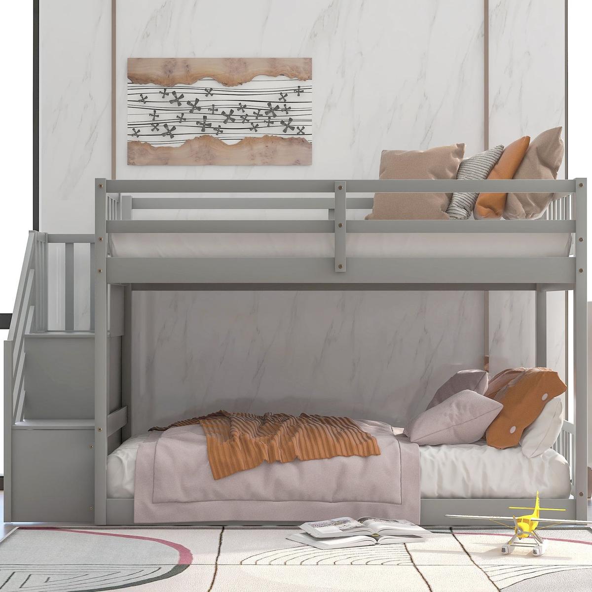 Twin over Twin Floor Bunk Bed, Ladder with Storage, Gray - Streamdale Furniture