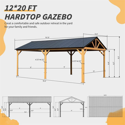 12x20ft Hardtop Gazebo, Galvanized Steel Gable Roof Gazebo Pergola with Wood Grain Aluminum Frame, Outdoor Permanent Gazebo Pavilion for Patio, Garden (Yellow Brown)