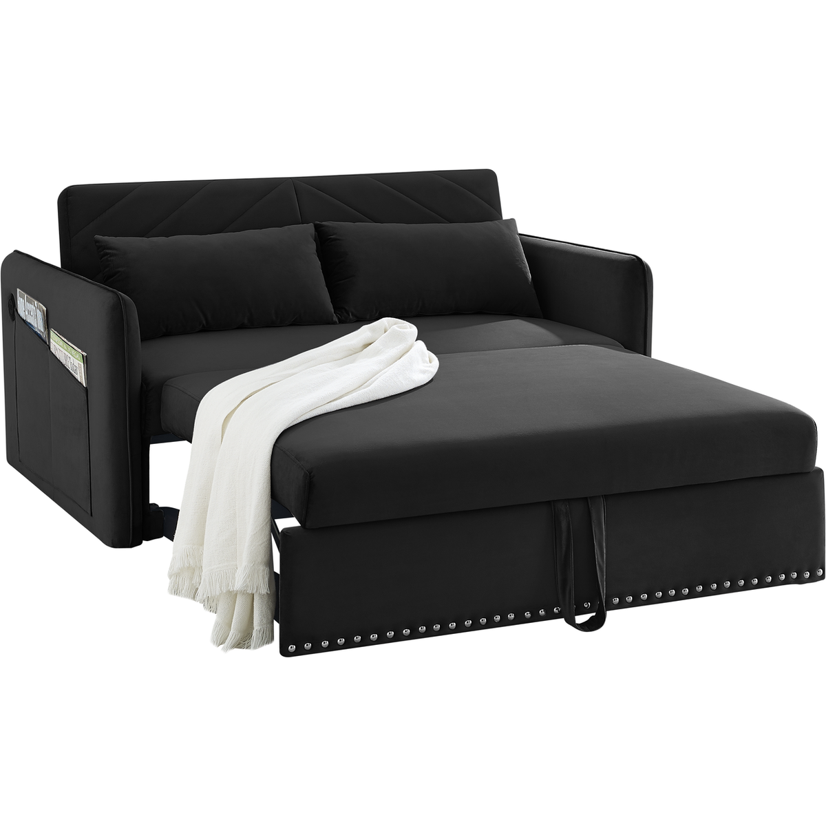 Pull-out sofa sleeper, 3-in-1 adjustable sleeper with pull-out bed, 2 lumbar pillows and side pocket, soft velvet convertible sleeper sofa bed, suitable for living room bedroom.