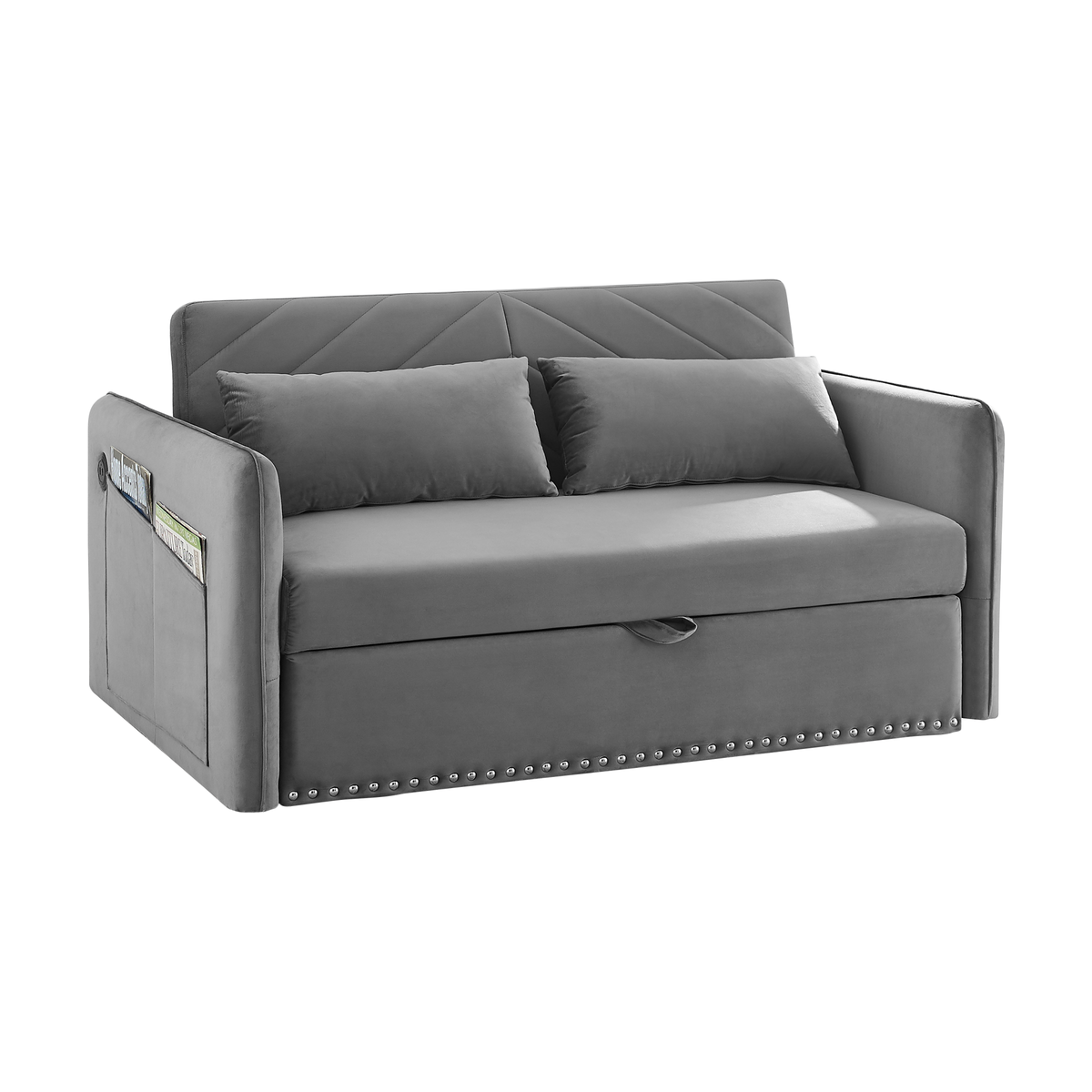 Pull-out sofa sleeper, 3-in-1 adjustable sleeper with pull-out bed, 2 lumbar pillows and side pocket, soft velvet convertible sleeper sofa bed, suitable for living room bedroom.