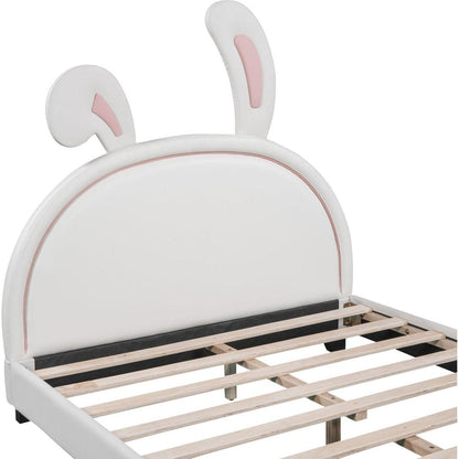 Full Size Upholstered Leather Platform Bed with Rabbit Ornament, White