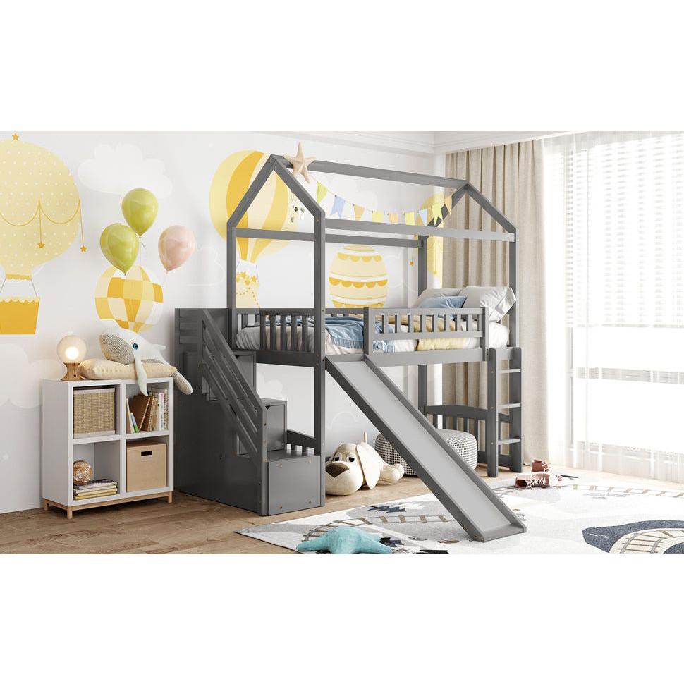 Twin Loft Bed with Two Drawers and Slide, House Bed with Slide, Gray