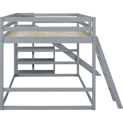 Full over Full Bunk Bed with Ladder, Slide and Shelves, Gray