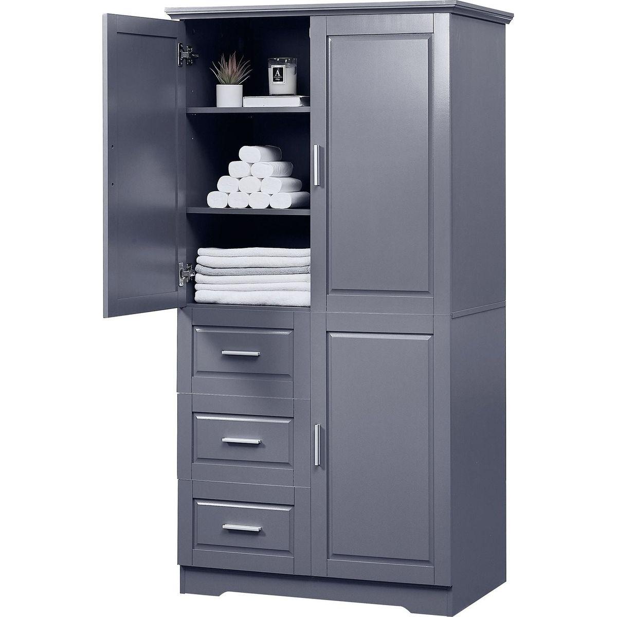 Tall and Wide Storage Cabinet with Doors for Bathroom/Office, Three Drawers, Grey