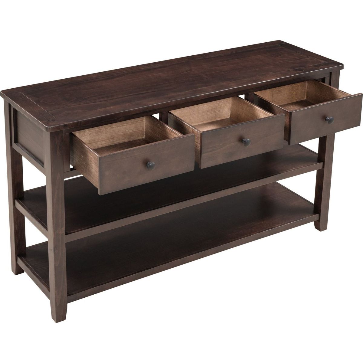 Retro Design Console Table with Two Open Shelves, Pine Solid Wood Frame and Legs for Living Room (Espresso)