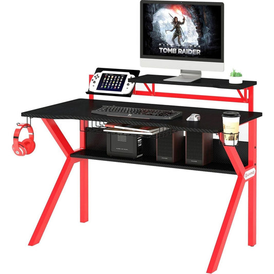 PVC Coated Ergonomic Metal Frame Gaming Desk, Black and Red