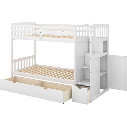 Twin over Full/Twin Bunk Bed, Convertible Bottom Bed, Storage Shelves and Drawers, White