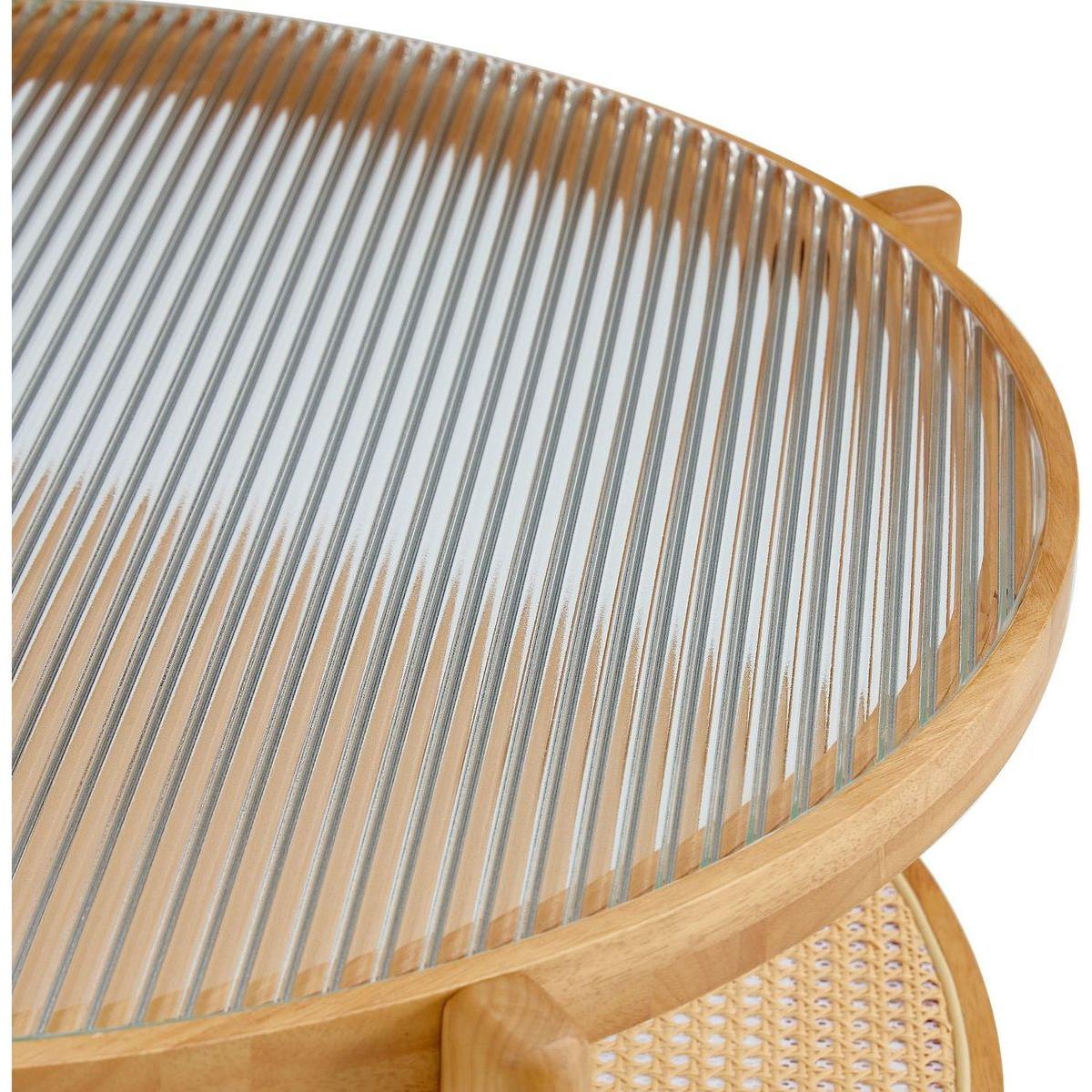 Modern simple circular double-layer solid wood tea table rattan woven Chinese side table small round table suitable for living room, dining room and bedroom