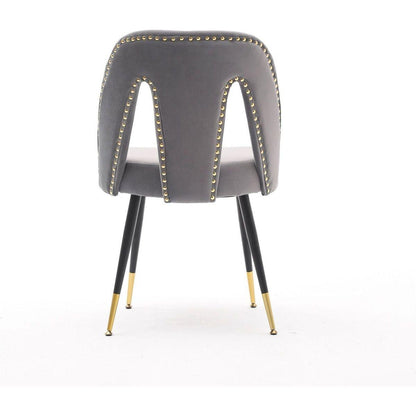 Akoya Collection Modern Contemporary Velvet Upholstered Dining Chair with Nailheads and Gold Tipped Black Metal Legs, Gray, Set of 2