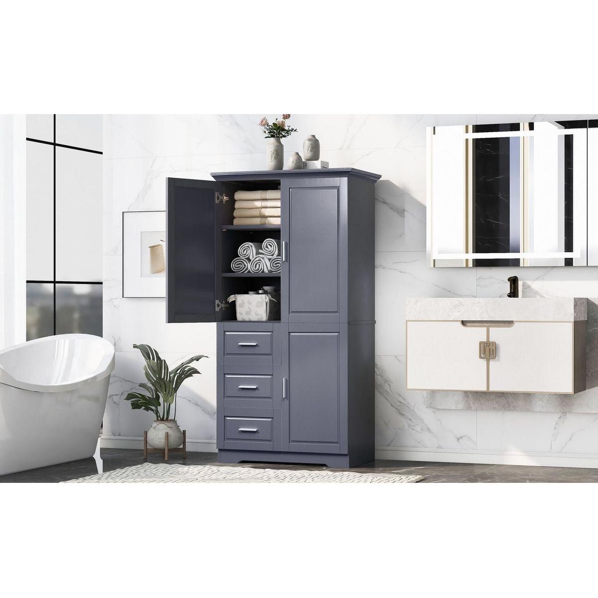 Tall and Wide Storage Cabinet with Doors for Bathroom/Office, Three Drawers, Grey