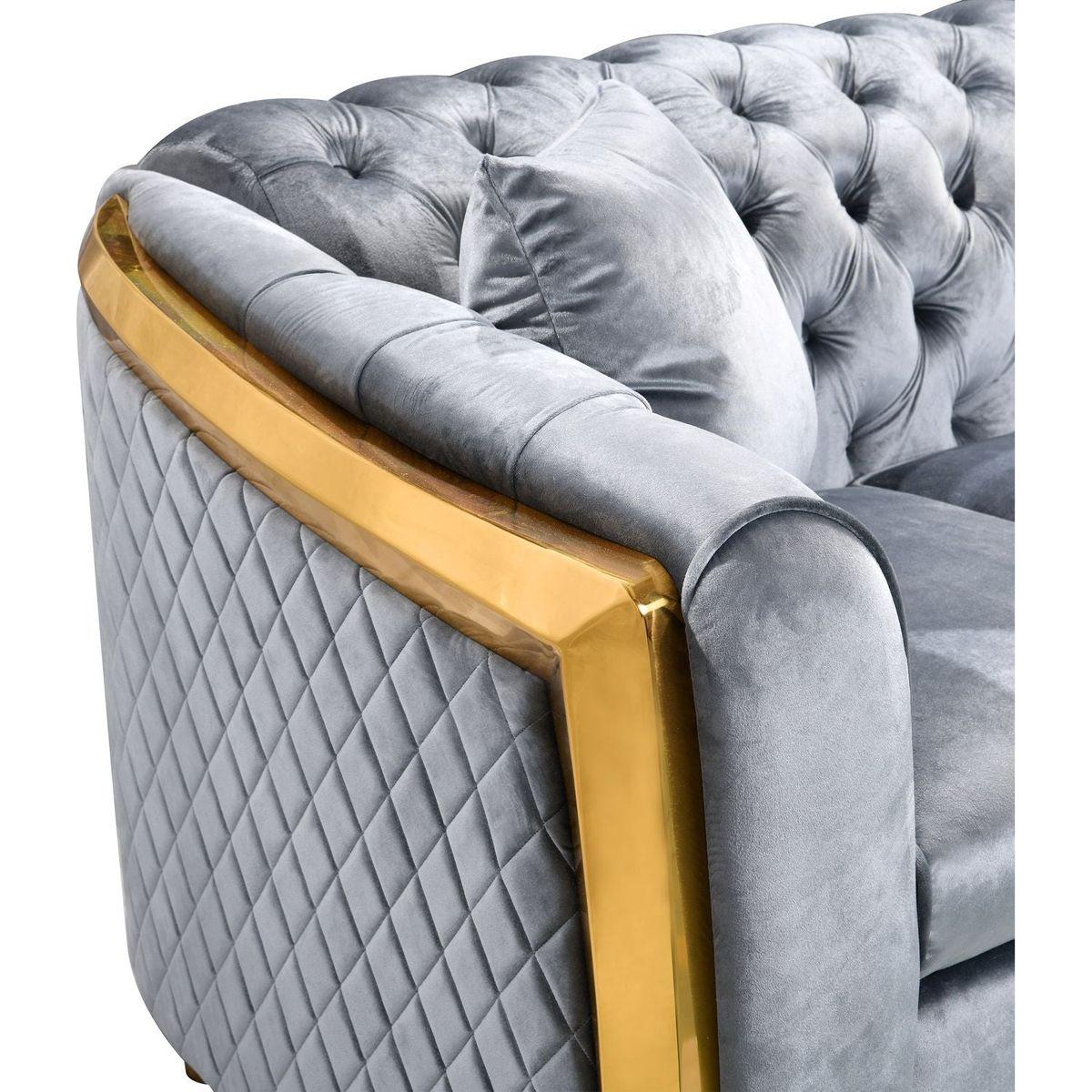 Velvet Luxury Chesterfield Sofa Set, 84 Inches Tufted 3 Seat Couch with Gold Stainless for Living Room, Grey Fabric