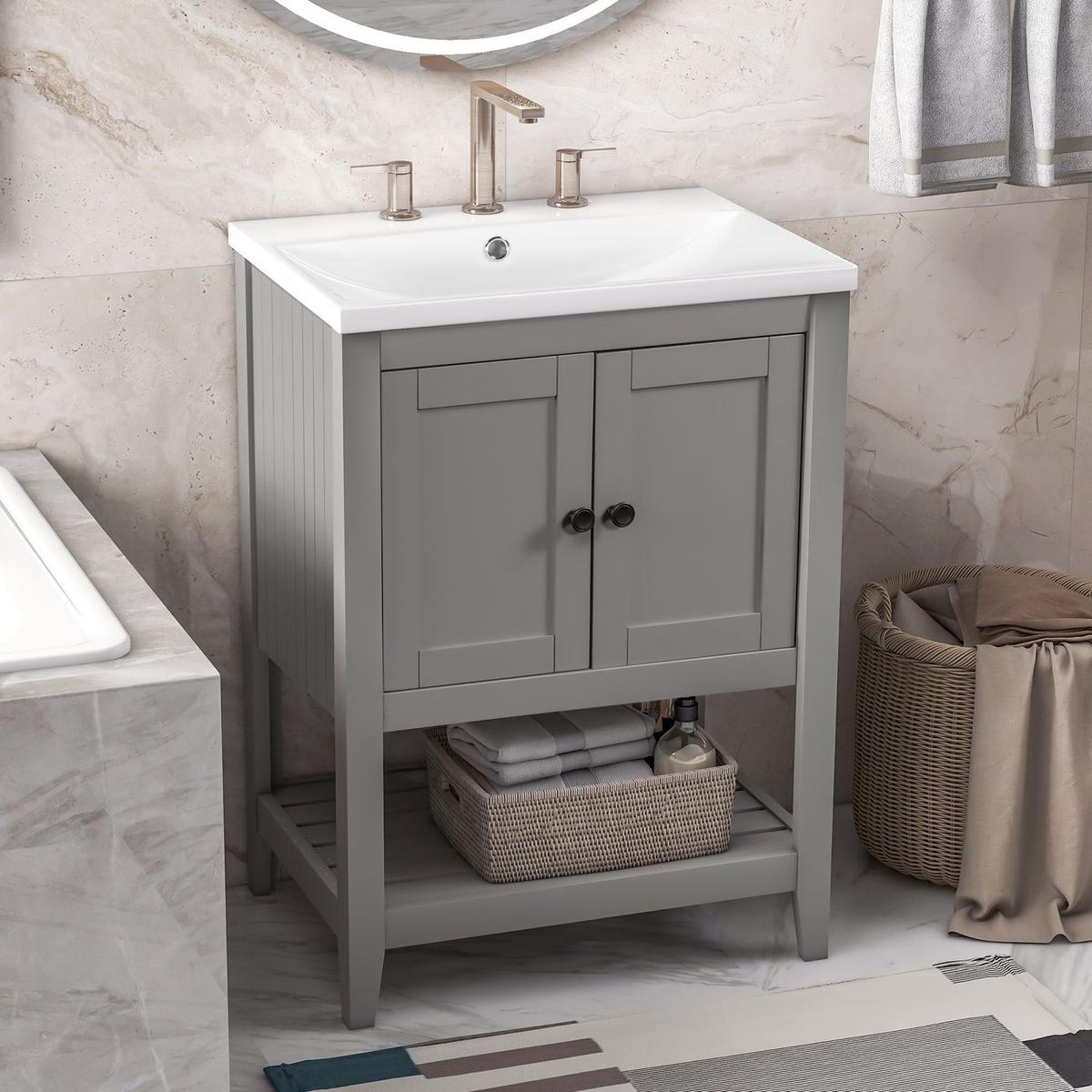 24" Grey Modern Sleek Bathroom Vanity Elegant Ceramic Sink with Solid Wood Frame Open Style Shelf