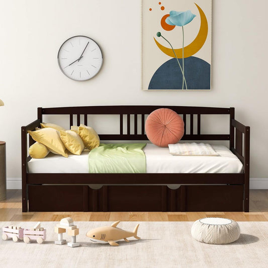 Twin Size Daybed Wood Bed with Twin Size Trundle, Espresso