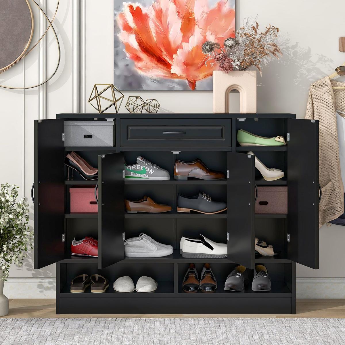 Sleek and Modern Shoe Cabinet with Adjustable Shelves, Minimalist Shoe Storage Organizer with Sturdy Top Surface, Space-saving Design Side Board for Various Sizes of Items, Black