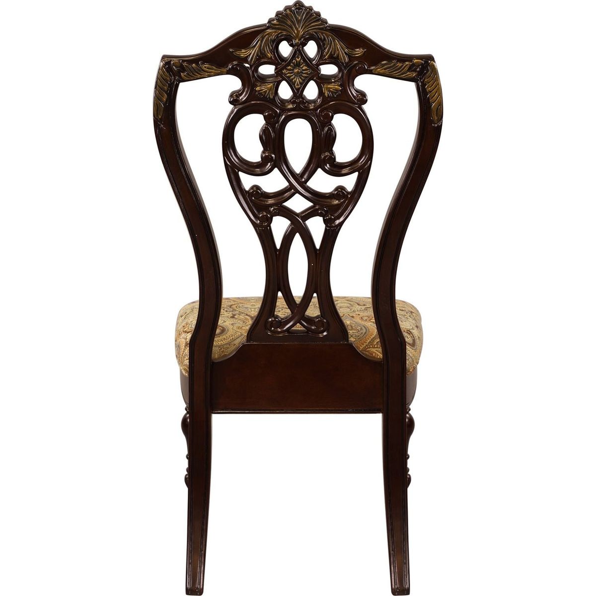 Formal Traditional Dining Chairs 2pc Set Dark Cherry Finish with Gold Tipping Jacquard Fabric Upholstered Extravagant Carving Dining Room Furniture