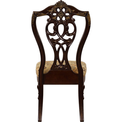 Formal Traditional Dining Chairs 2pc Set Dark Cherry Finish with Gold Tipping Jacquard Fabric Upholstered Extravagant Carving Dining Room Furniture