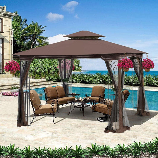 10x10 Outdoor Patio Gazebo Canopy Tent With Ventilated Double Roof And Mosquito net (Detachable Mesh Screen On All Sides),Suitable for Lawn, Garden, Backyard and Deck, Brown Top - Streamdale Furniture