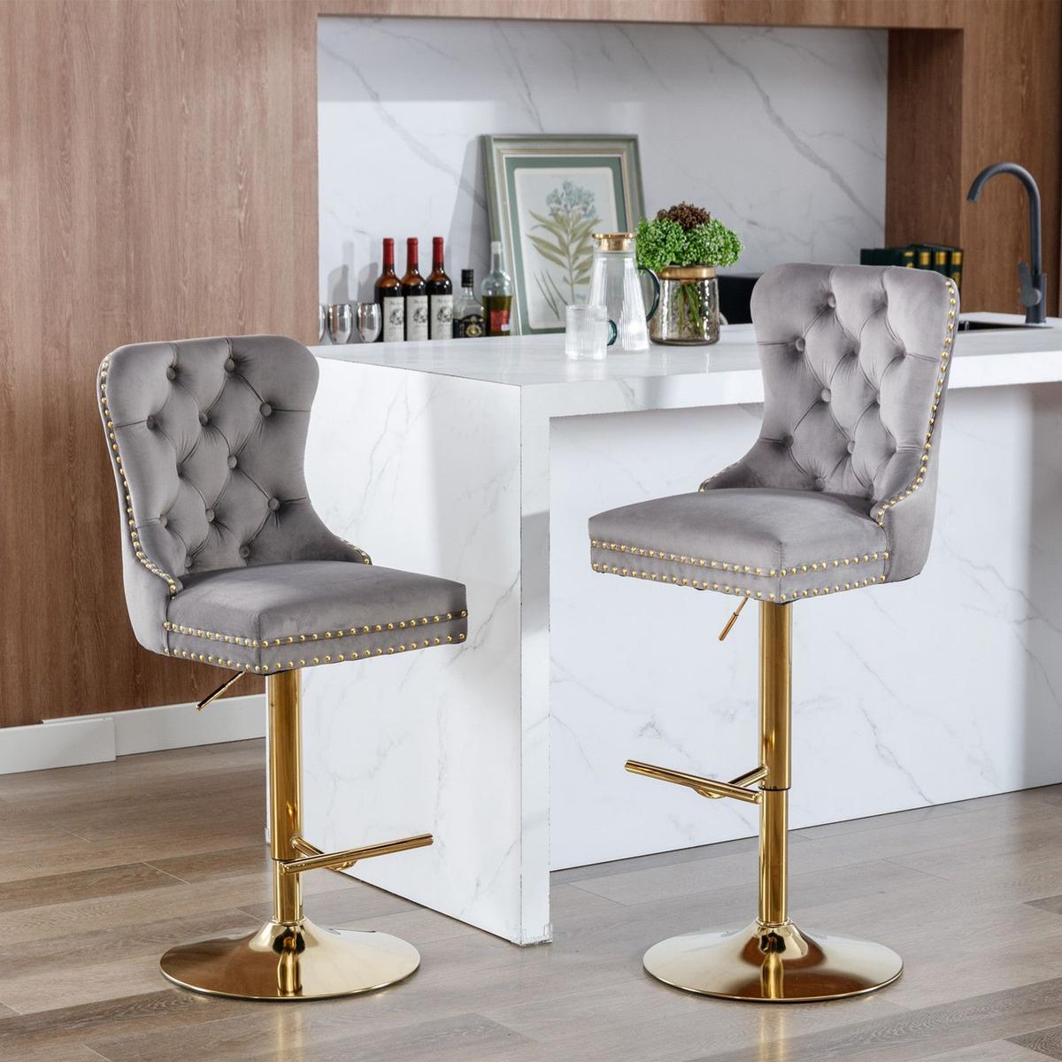Thick Golden Swivel Velvet Barstools Adjusatble Seat Height from 25-33 Inch, Modern Upholstered Bar Stools with Backs Comfortable Tufted for Home Pub and Kitchen Island (Gray, Set of 2)