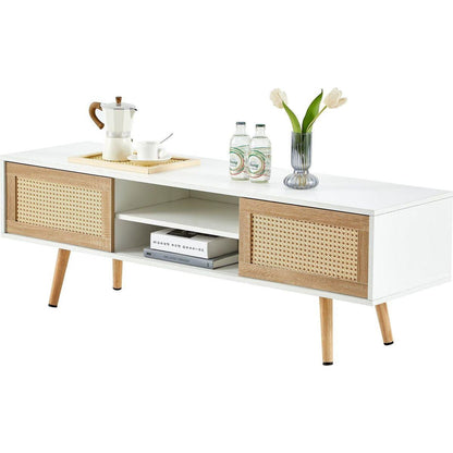 55.12" Rattan TV cabinet, double sliding doors for storage, adjustable shelf, solid wood legs, TV console for living room, White
