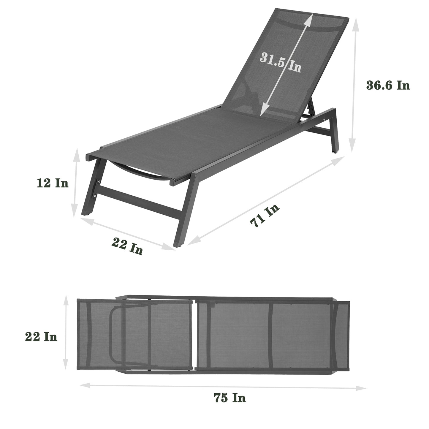 Outdoor 2-Pcs Set Chaise Lounge Chairs, Five-Position Adjustable Aluminum Recliner, All Weather For Patio, Beach, Yard, Pool (Grey Frame/Dark Grey Fabric)