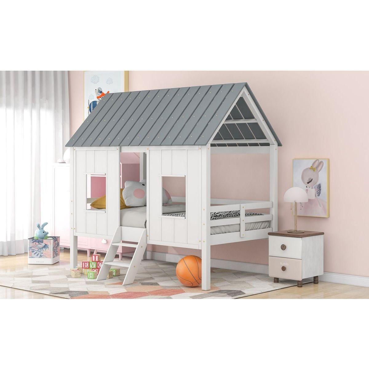 Twin Size Low Loft House Bed with Roof and Two Front Windows, White