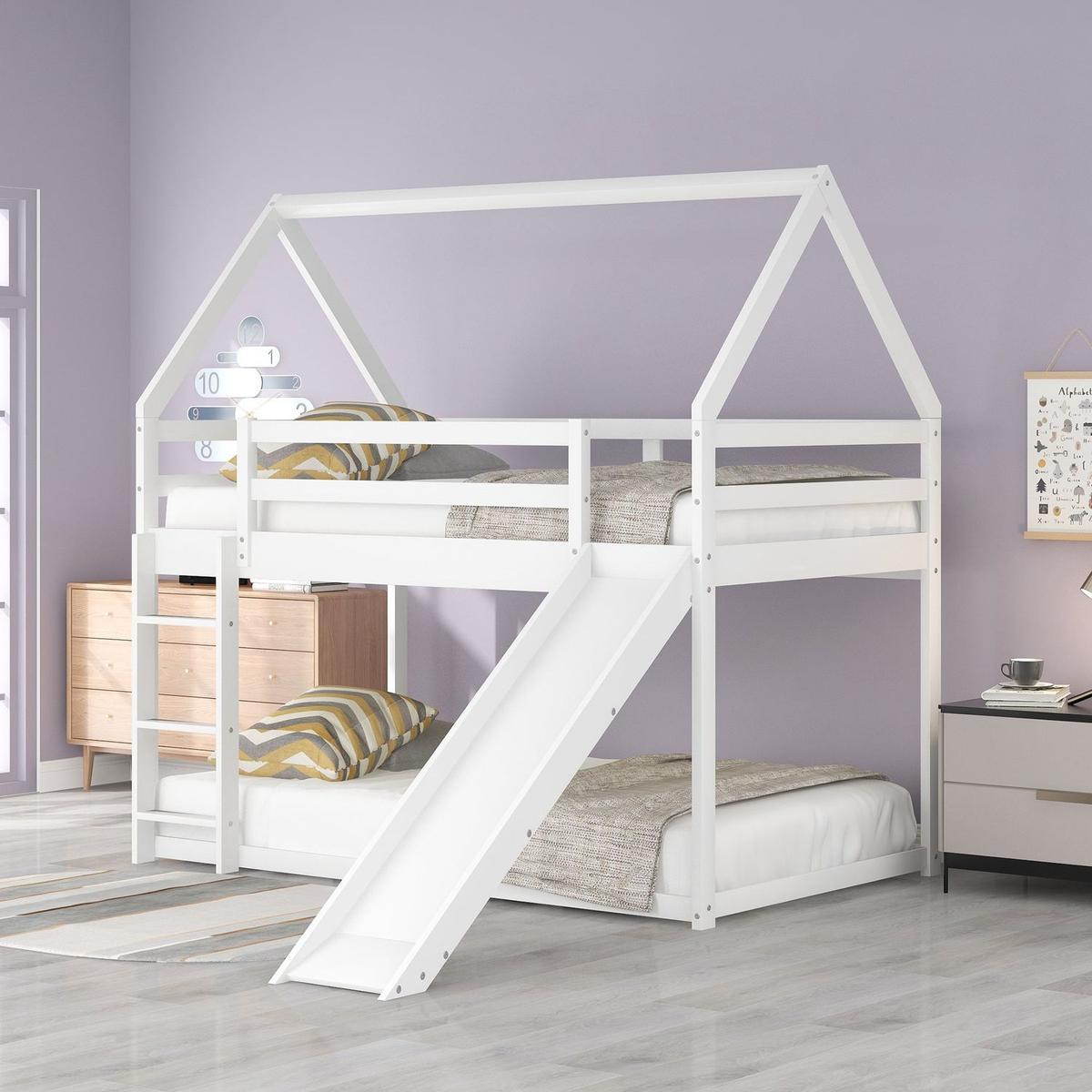 Twin Size Bunk House Bed with Slide and Ladder, White