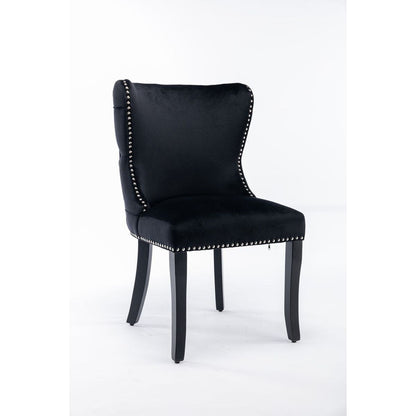 Set of 2 Black Velvet upholstered wing-back dining chair with backstitching nailhead trim and solid wood legs